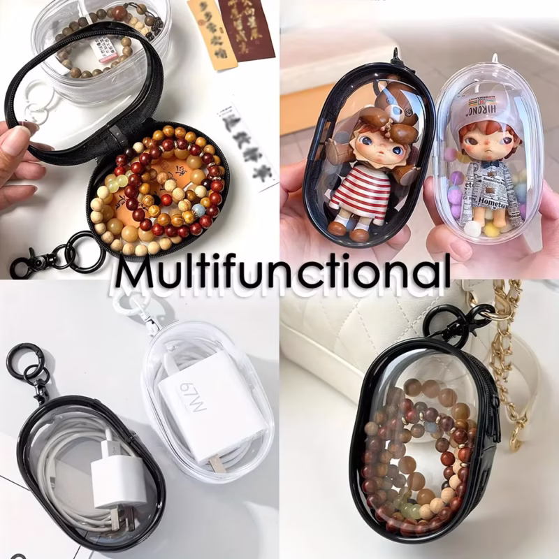 Earphone Charger Mini Clear Zipper Storage Bag for Outdoor Travel with Keychain Loop Adorable Doll Organizer Box - Image 4