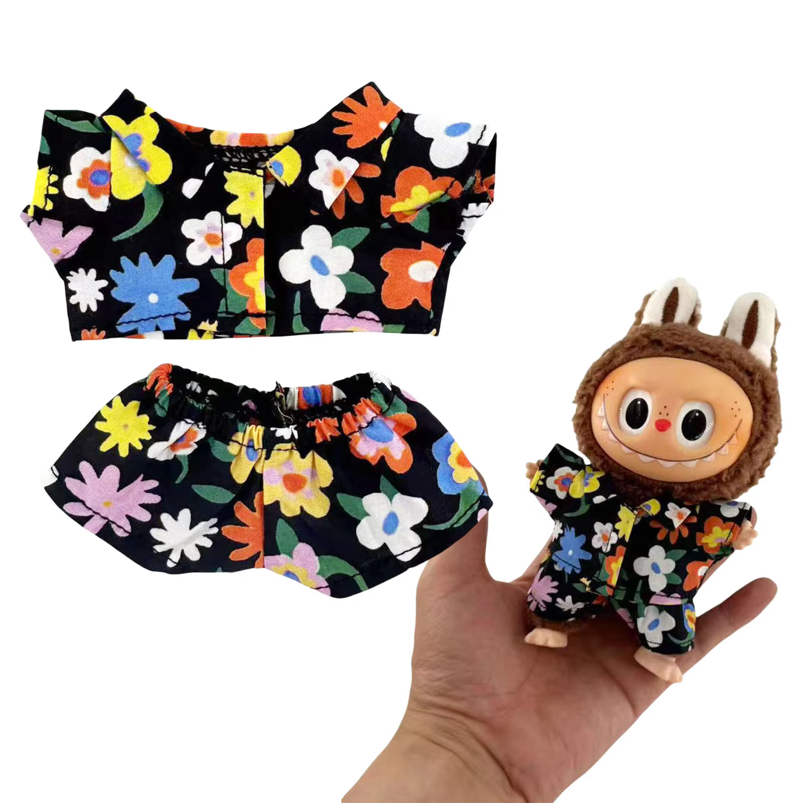 Delightful 17cm Mini Labubu Doll Set with Floral Green Shirt and Shorts, Great for Doll Fashion Lovers - Image 3