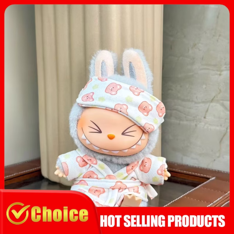 Labubu doll 15cm x 17cm set comes with a soft plush mini pajama set and a sleep mask