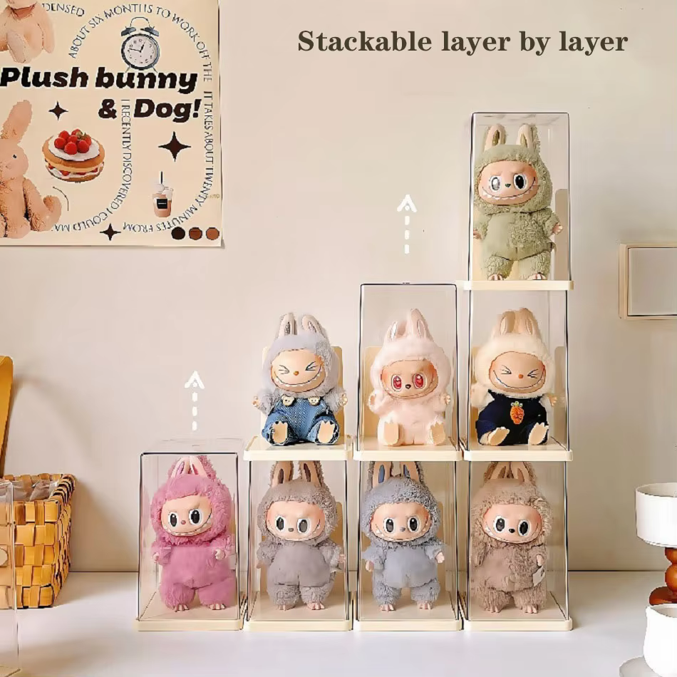One stackable canvas vinyl storage box, a miniature Labubu transparent display box and figurine blind box storage rack - Image 3