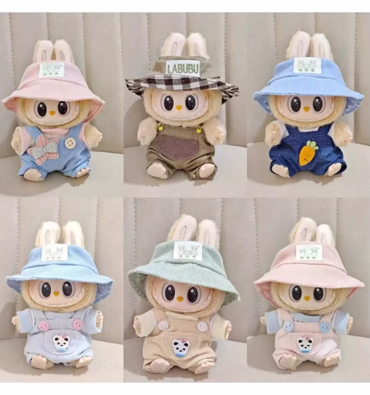 Accessories for 17cm Labubu Dolls Sitting Party Series T-shirt and Hat with Jumpsuit and Plush Doll Outfit