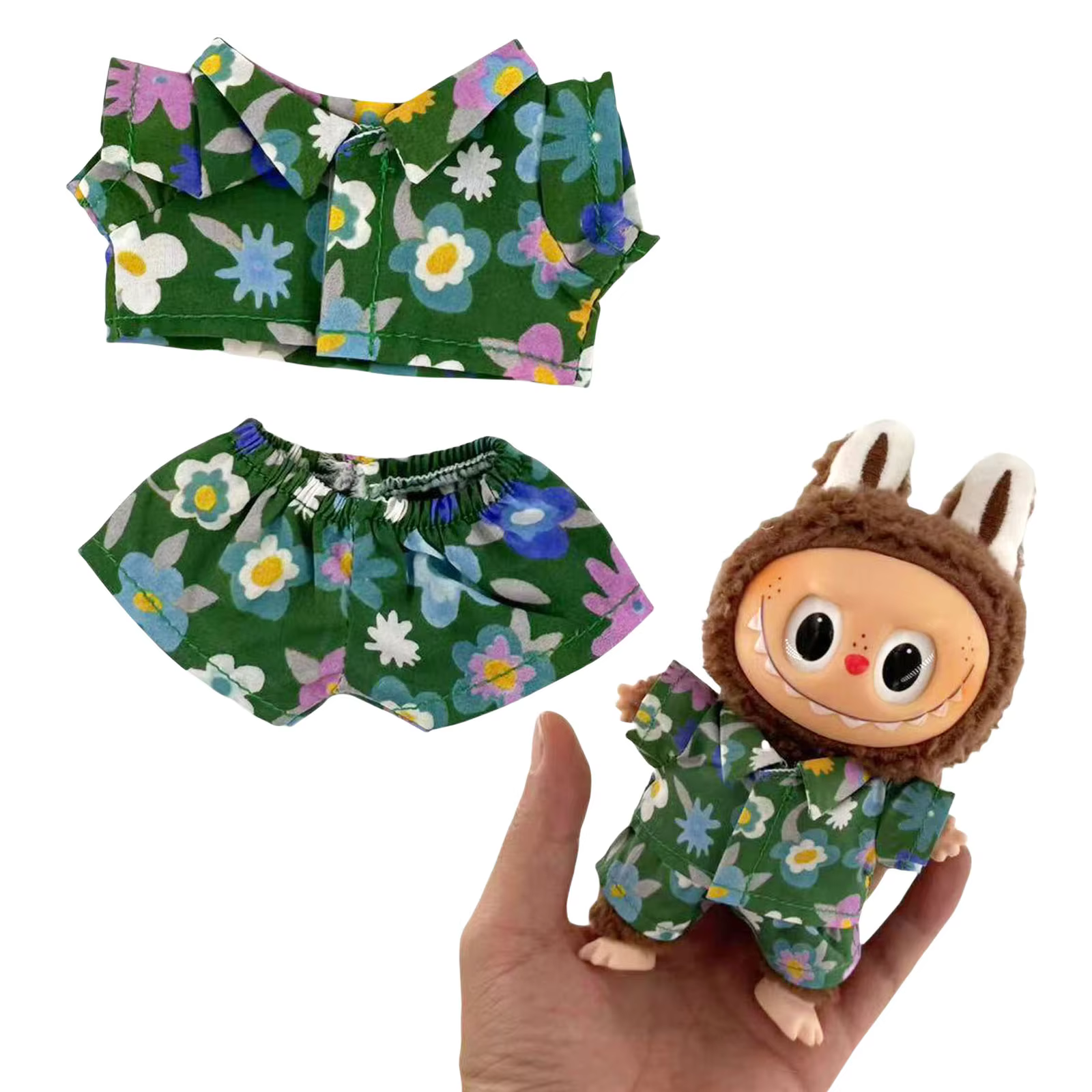 Delightful 17cm Mini Labubu Doll Set with Floral Green Shirt and Shorts, Great for Doll Fashion Lovers