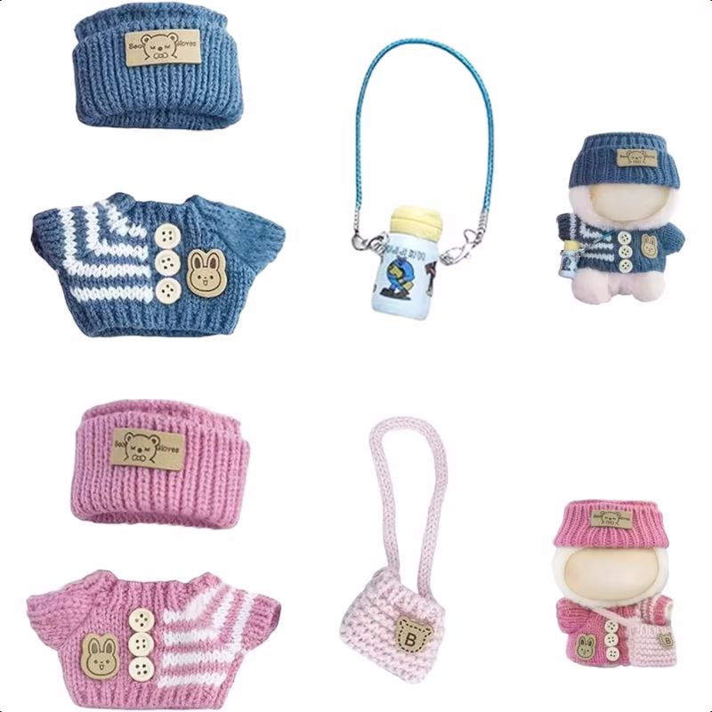 Furnishing Set for 17 Centimeter Dolls Labubu: Two Piece Set with Six Hand Knitted Ensembles For 17 Centimeter Plush Toys Mini Winter Style Gift for