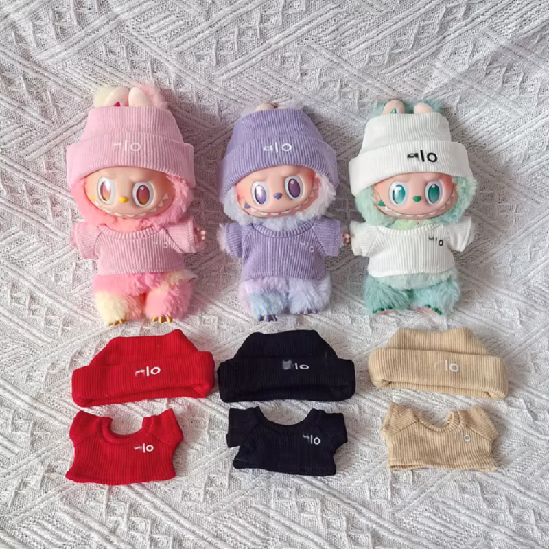 Cute Korea K-Pop EXO 17cm Labrador Macaron blind box sitting party logo knitted set of baby clothes for Labubu Idol Dolls