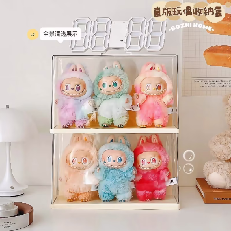 One stackable canvas vinyl storage box, a miniature Labubu transparent display box and figurine blind box storage rack