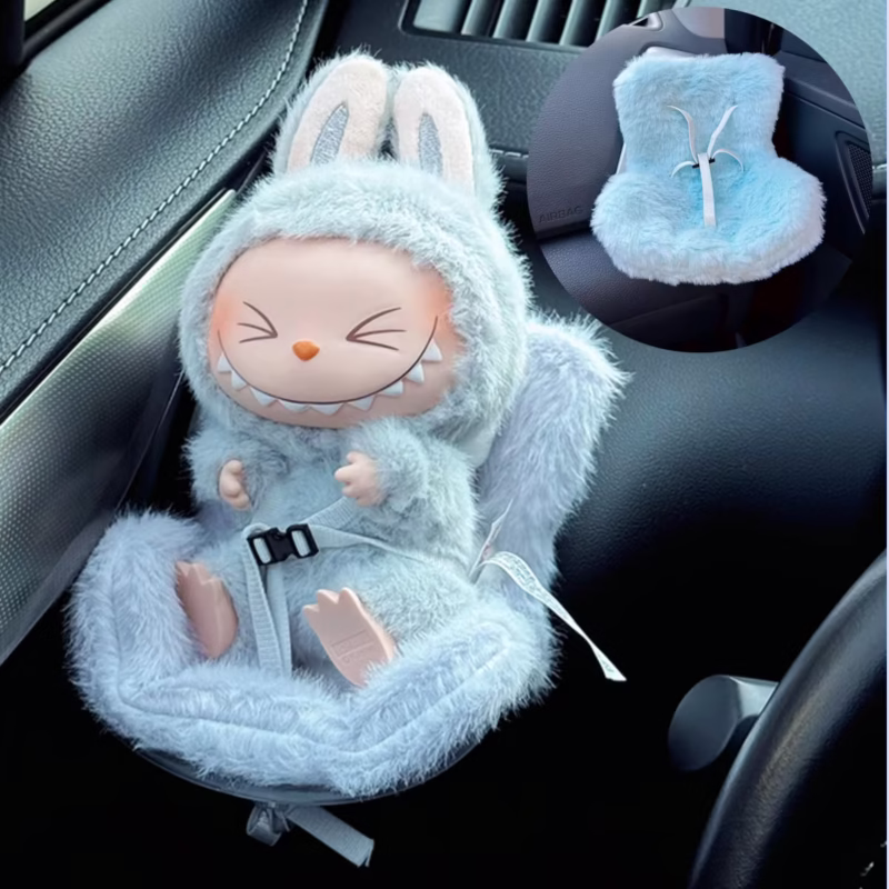 Labubu car safety ornament adds more decor to your car of your miniature idols by holding 15-17cm dolls. This multifunctional device acts as both a doll stand and a car charger diffuser which is great for aromatherapy.