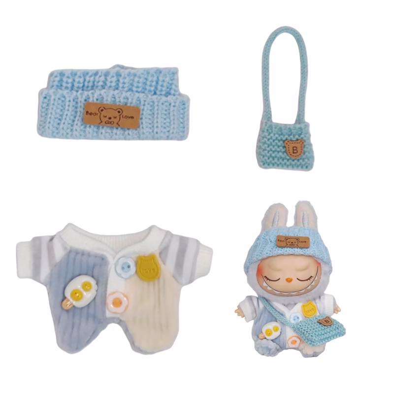 Each set of adorable Labubu overalls for plush dolls stands at seventeen-centimeters tall. It is a K-Pop fashion mini set, and a do-it-yourself set for plush dolls and idols